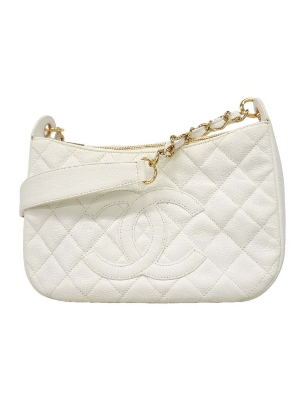 Chanel Shoulder Bag Quilted Caviar Leather White Champagne Gold